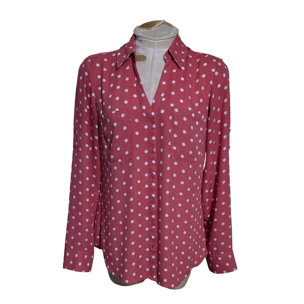 Express Womens Polka Dot Long Tab Sleeve collard‎ Top Size Medium
